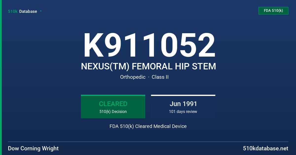K911052 NEXUS(TM) FEMORAL HIP STEM FDA 510(k) Cleared Medical Device