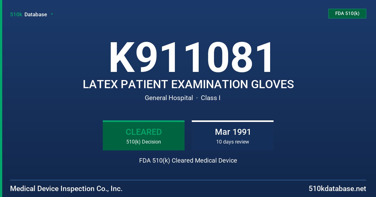 K911081 LATEX PATIENT EXAMINATION GLOVES FDA 510(k) Cleared Medical Device
