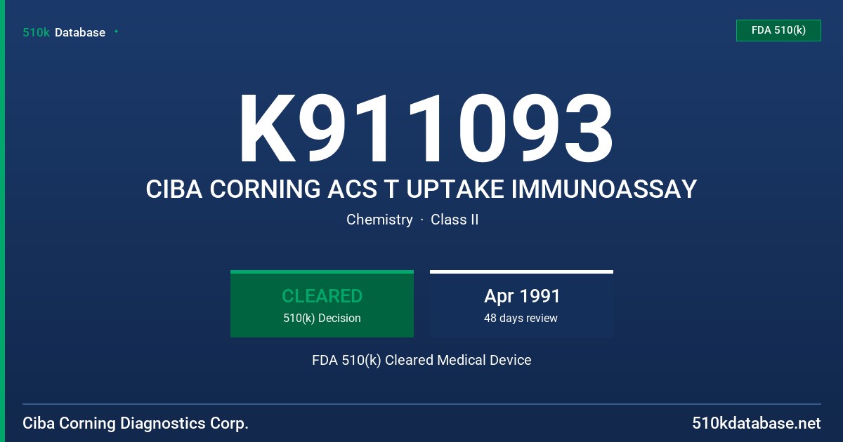 K911093 CIBA CORNING ACS T UPTAKE IMMUNOASSAY FDA 510(k) Cleared Medical Device
