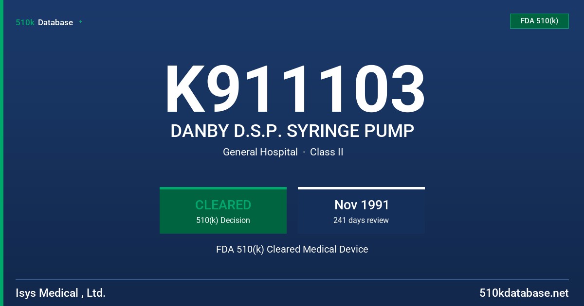 K911103 DANBY D.S.P. SYRINGE PUMP FDA 510(k) Cleared Medical Device
