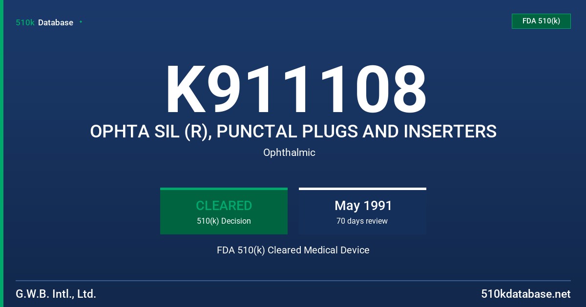 K911108 OPHTA SIL (R), PUNCTAL PLUGS AND INSERTERS FDA 510(k) Cleared Medical Device
