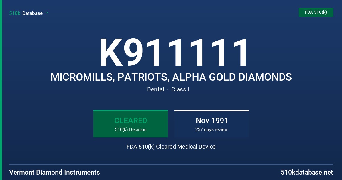 K911111 MICROMILLS, PATRIOTS, ALPHA GOLD DIAMONDS FDA 510(k) Cleared Medical Device