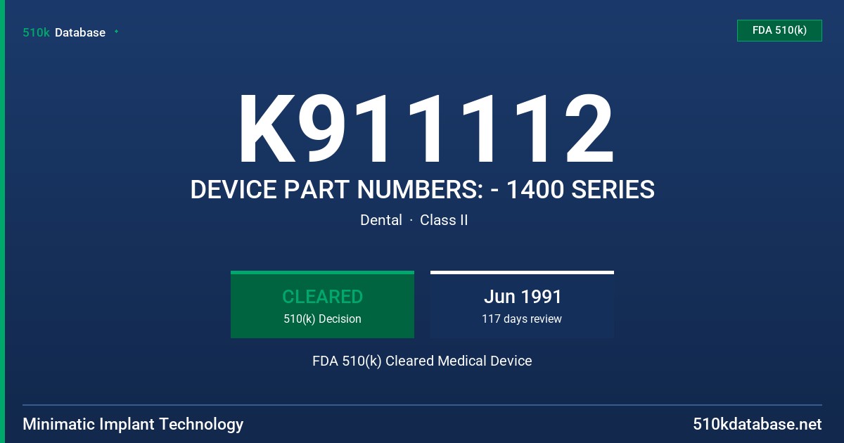 K911112 DEVICE PART NUMBERS: - 1400 SERIES FDA 510(k) Cleared Medical Device