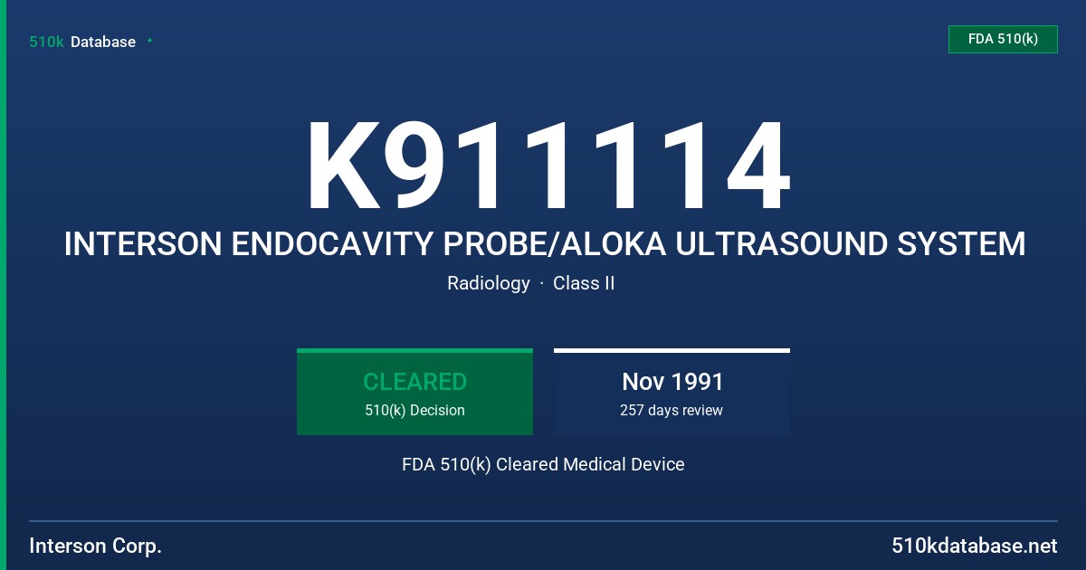 K911114 INTERSON ENDOCAVITY PROBE/ALOKA ULTRASOUND SYSTEM FDA 510(k) Cleared Medical Device