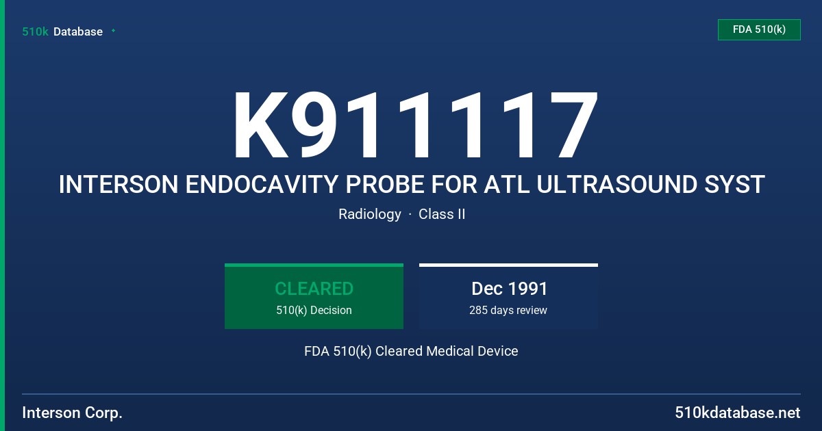 K911117 INTERSON ENDOCAVITY PROBE FOR ATL ULTRASOUND SYST FDA 510(k) Cleared Medical Device