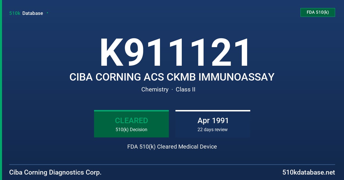 K911121 CIBA CORNING ACS CKMB IMMUNOASSAY FDA 510(k) Cleared Medical Device