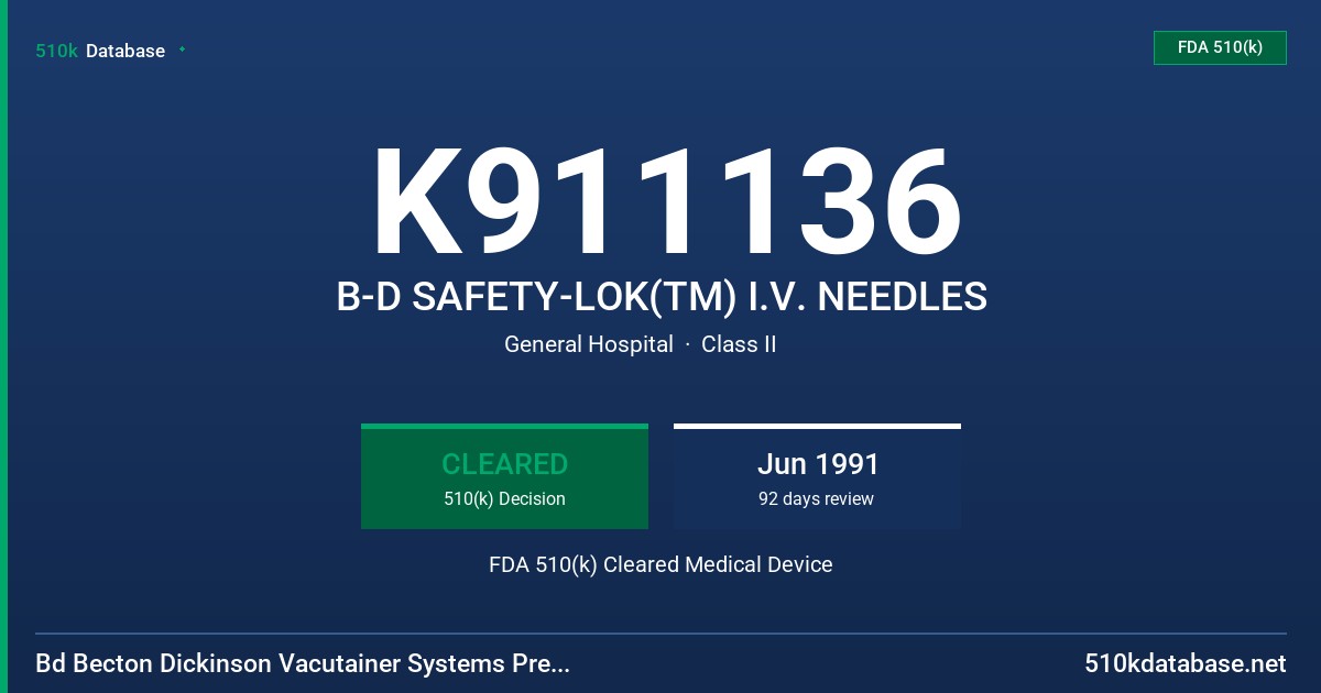 K911136 B-D SAFETY-LOK(TM) I.V. NEEDLES FDA 510(k) Cleared Medical Device