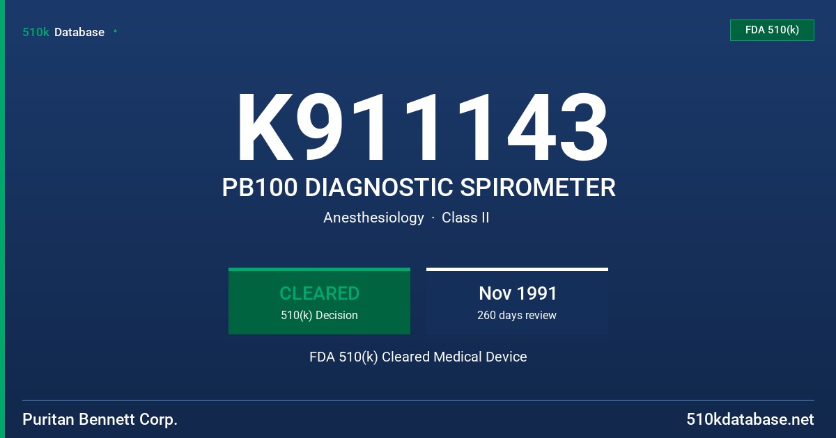 K911143 PB100 DIAGNOSTIC SPIROMETER FDA 510(k) Cleared Medical Device