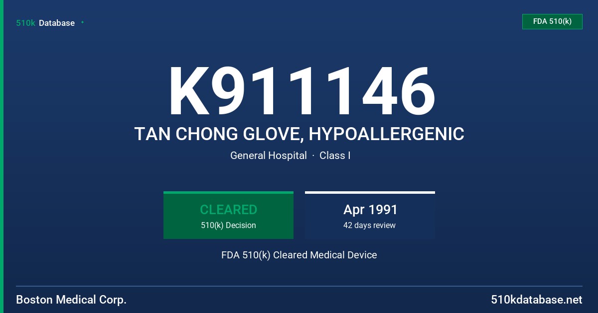 K911146 TAN CHONG GLOVE, HYPOALLERGENIC FDA 510(k) Cleared Medical Device