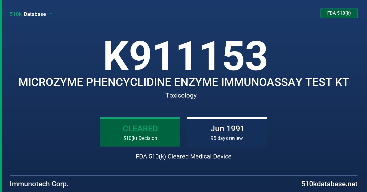 K911153 MICROZYME PHENCYCLIDINE ENZYME IMMUNOASSAY TEST KT FDA 510(k) Cleared Medical Device