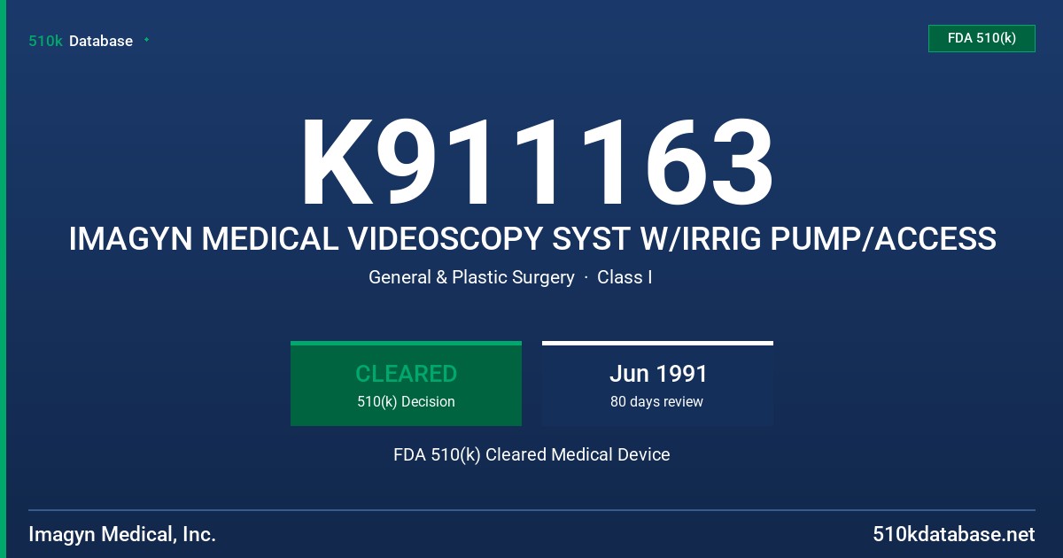 K911163 IMAGYN MEDICAL VIDEOSCOPY SYST W/IRRIG PUMP/ACCESS FDA 510(k) Cleared Medical Device