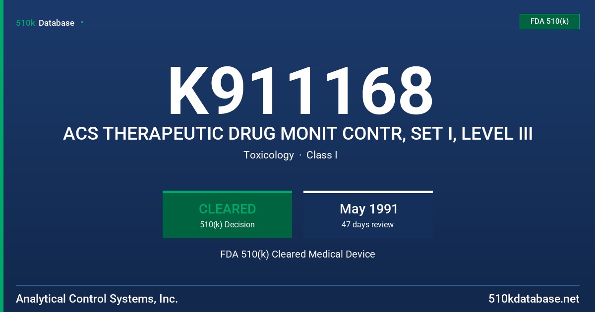K911168 ACS THERAPEUTIC DRUG MONIT CONTR, SET I, LEVEL III FDA 510(k) Cleared Medical Device