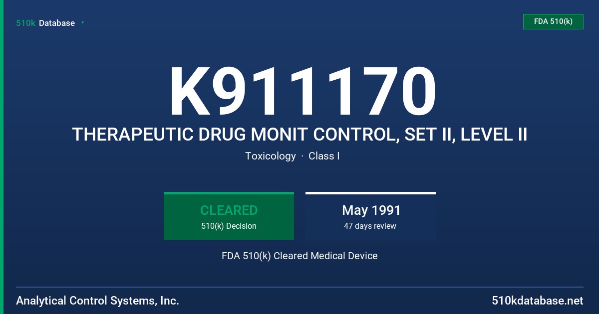 K911170 THERAPEUTIC DRUG MONIT CONTROL, SET II, LEVEL II FDA 510(k) Cleared Medical Device