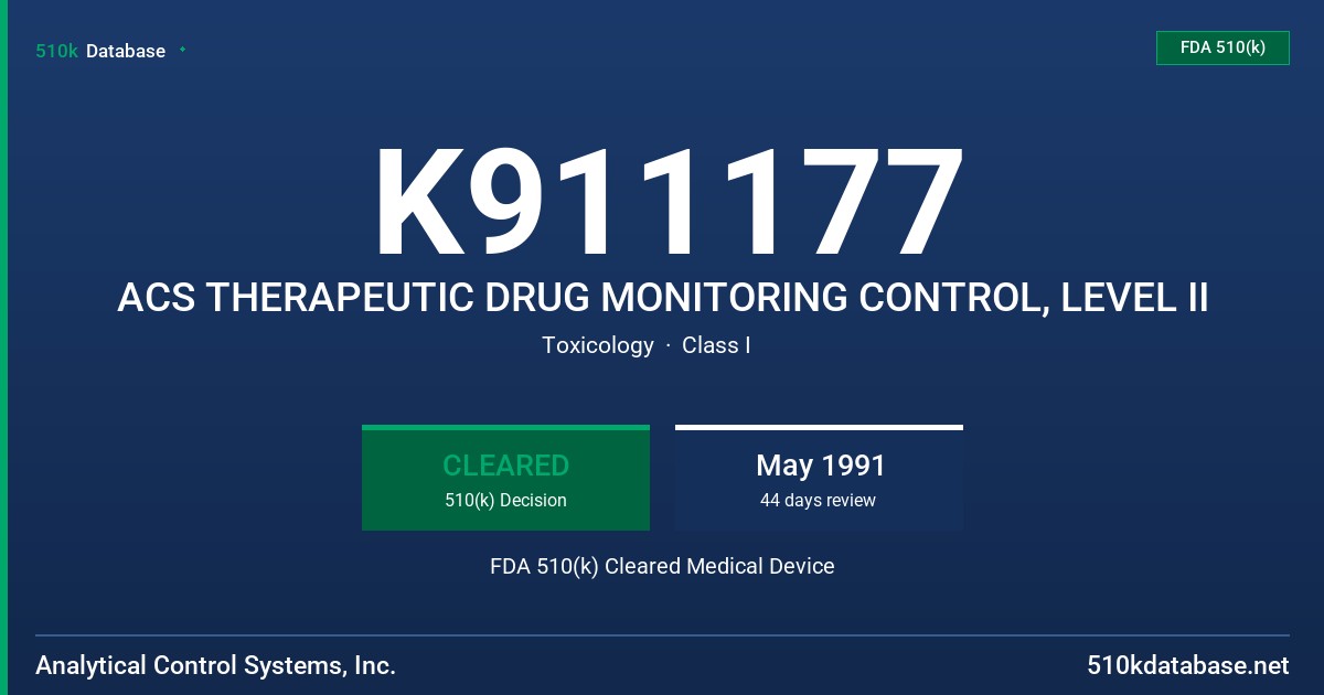 K911177 ACS THERAPEUTIC DRUG MONITORING CONTROL, LEVEL II FDA 510(k) Cleared Medical Device