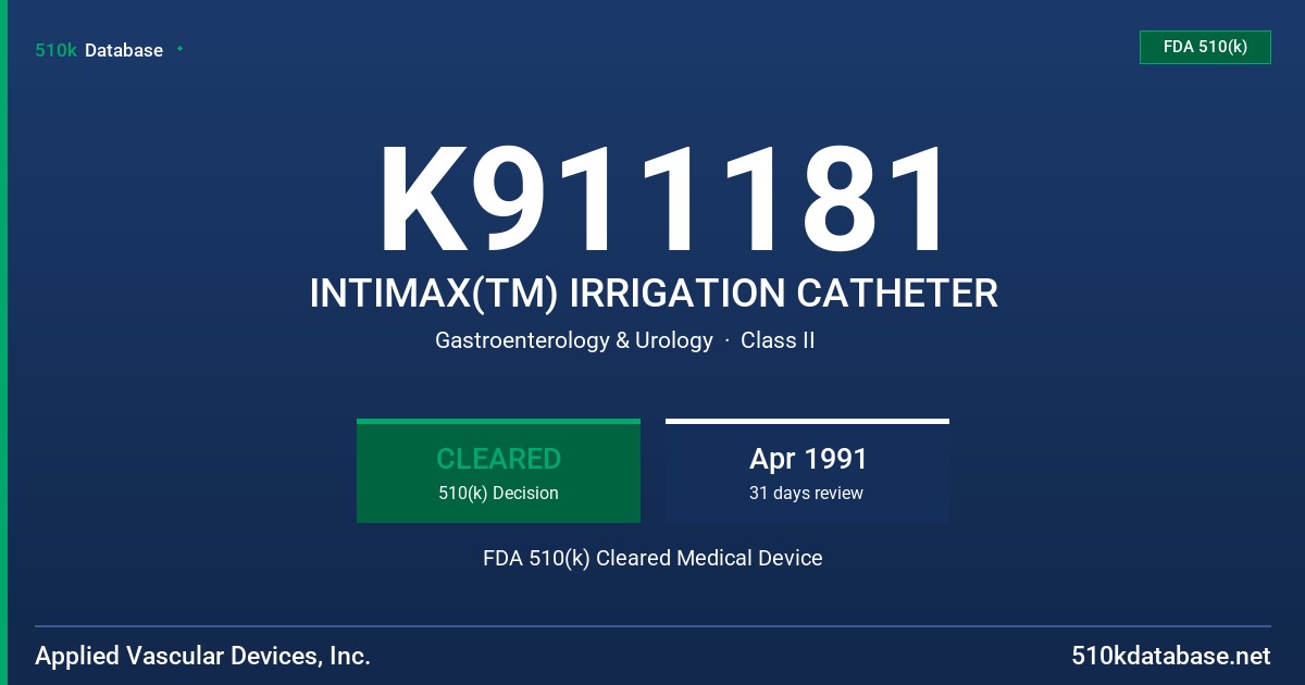 K911181 INTIMAX(TM) IRRIGATION CATHETER FDA 510(k) Cleared Medical Device