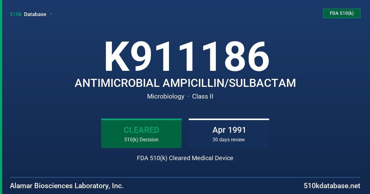 K911186 ANTIMICROBIAL AMPICILLIN/SULBACTAM FDA 510(k) Cleared Medical Device