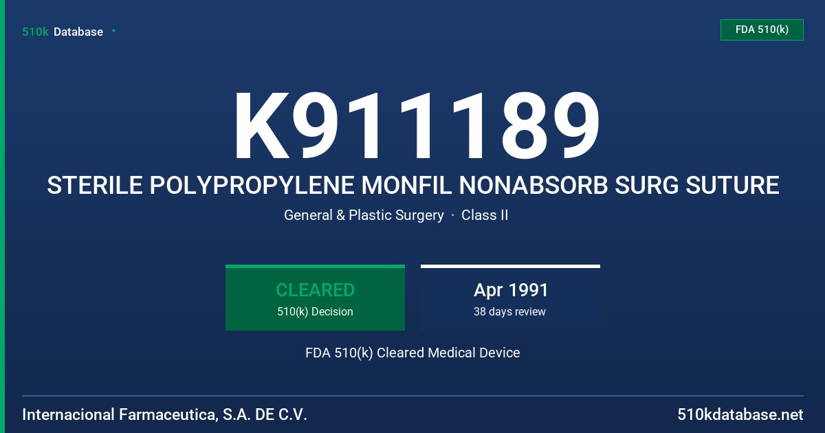 K911189 STERILE POLYPROPYLENE MONFIL NONABSORB SURG SUTURE FDA 510(k) Cleared Medical Device