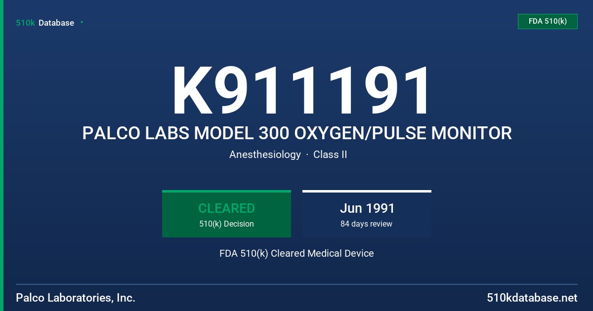 K911191 PALCO LABS MODEL 300 OXYGEN/PULSE MONITOR FDA 510(k) Cleared Medical Device