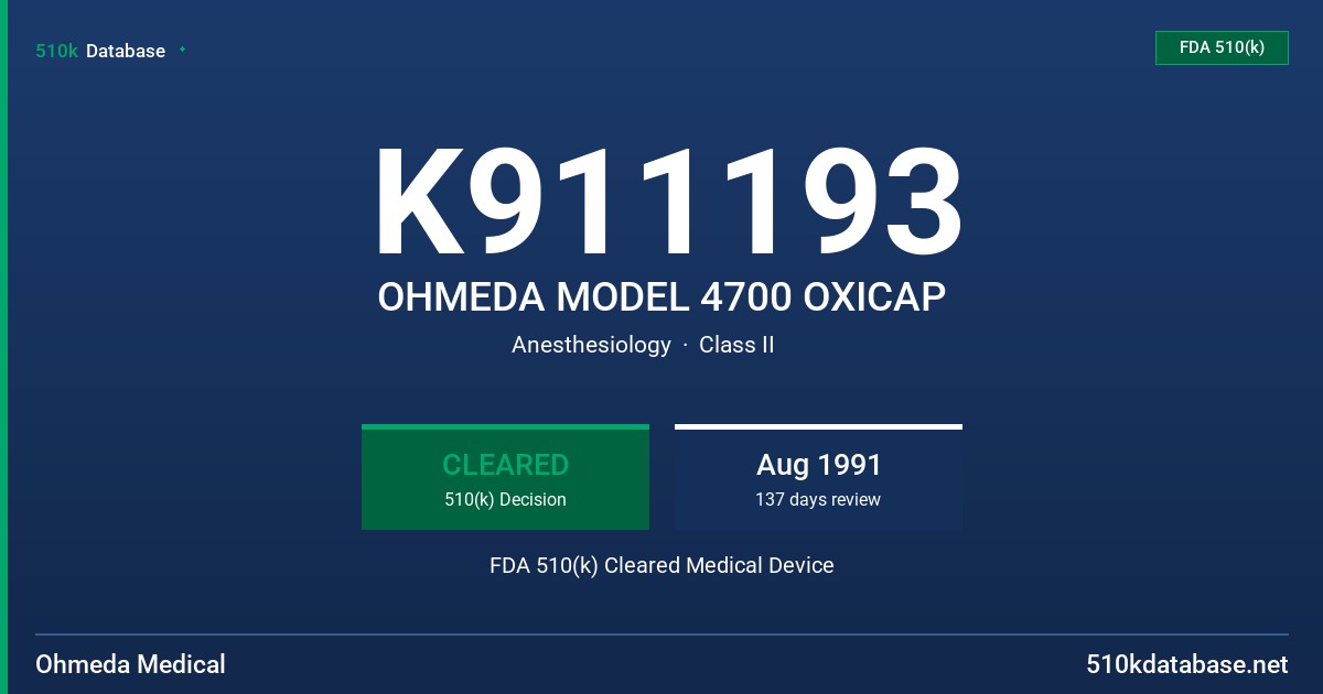 K911193 OHMEDA MODEL 4700 OXICAP FDA 510(k) Cleared Medical Device