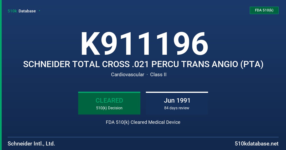 K911196 SCHNEIDER TOTAL CROSS .021 PERCU TRANS ANGIO (PTA) FDA 510(k) Cleared Medical Device