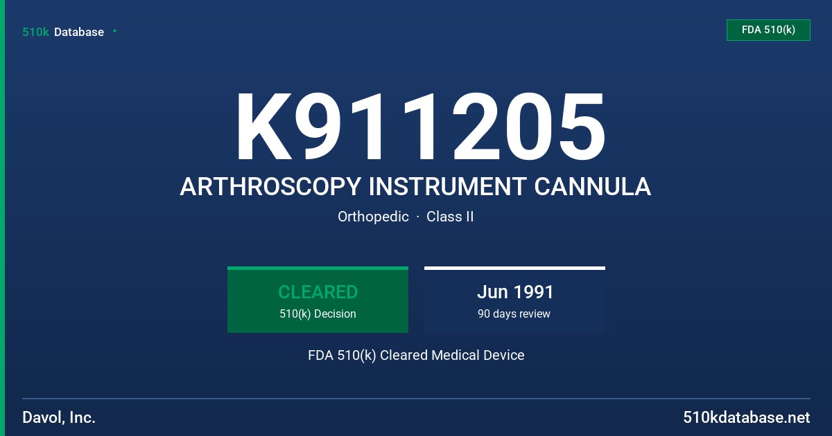 K911205 ARTHROSCOPY INSTRUMENT CANNULA FDA 510(k) Cleared Medical Device