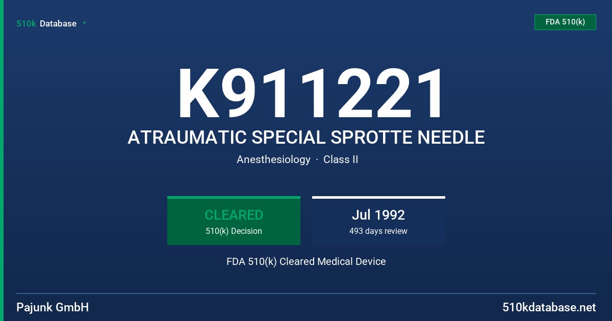 K911221 ATRAUMATIC SPECIAL SPROTTE NEEDLE FDA 510(k) Cleared Medical Device