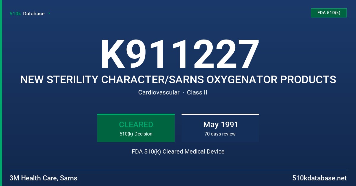 K911227 NEW STERILITY CHARACTER/SARNS OXYGENATOR PRODUCTS FDA 510(k) Cleared Medical Device