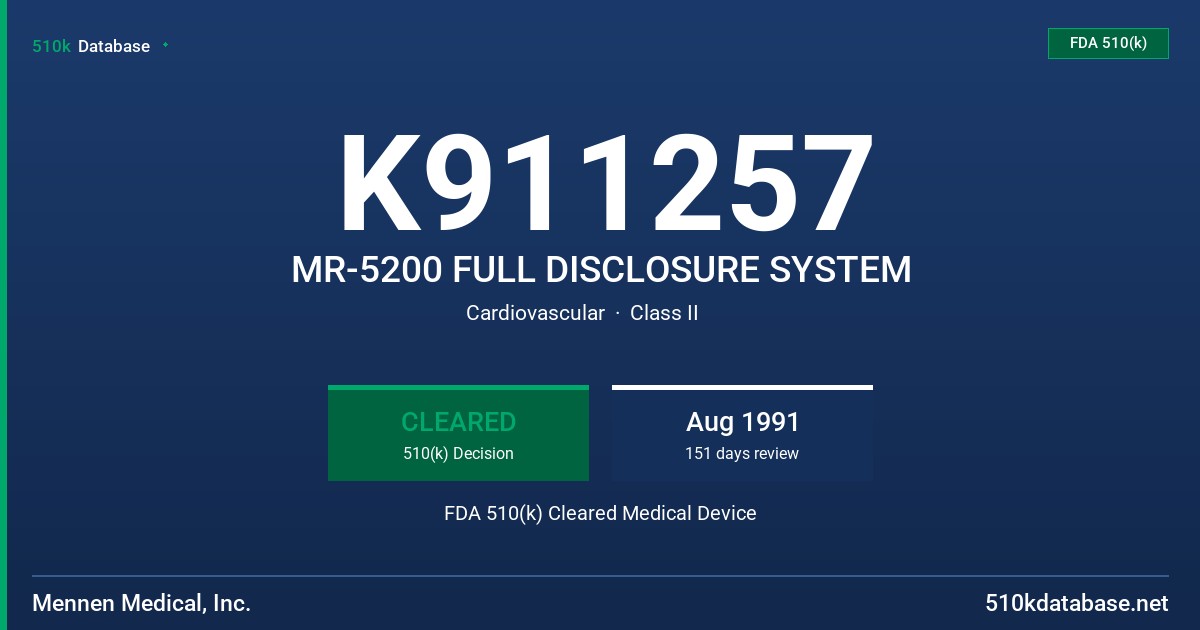 K911257 MR-5200 FULL DISCLOSURE SYSTEM FDA 510(k) Cleared Medical Device