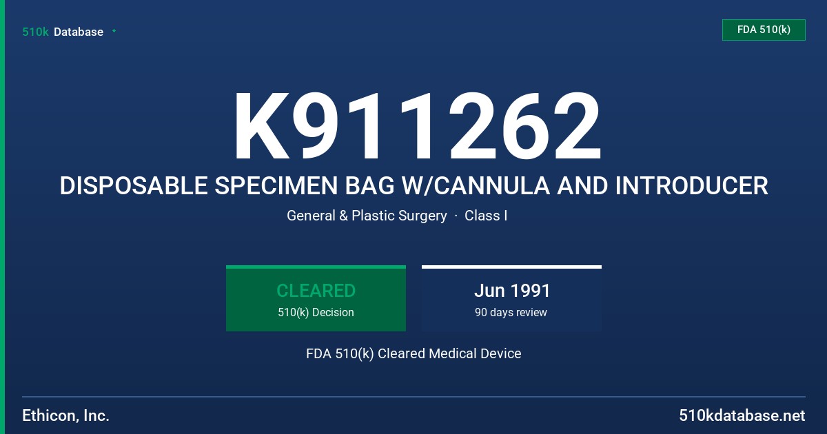 K911262 DISPOSABLE SPECIMEN BAG W/CANNULA AND INTRODUCER FDA 510(k) Cleared Medical Device
