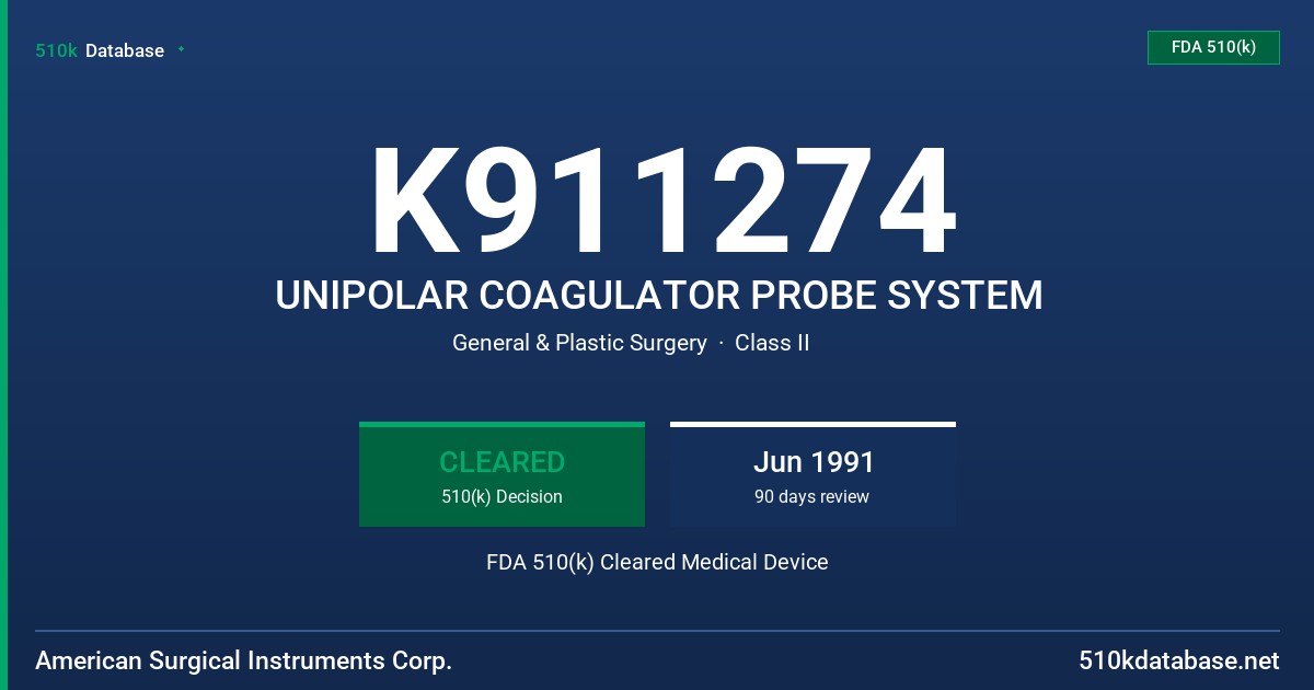 K911274 UNIPOLAR COAGULATOR PROBE SYSTEM FDA 510(k) Cleared Medical Device