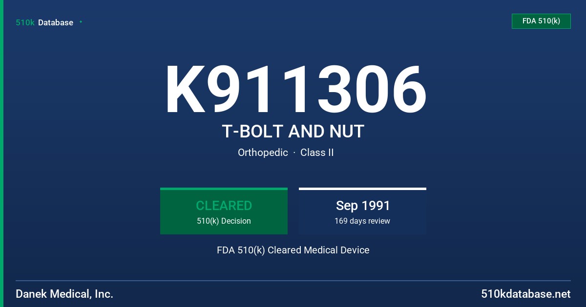 K911306 T-BOLT AND NUT FDA 510(k) Cleared Medical Device
