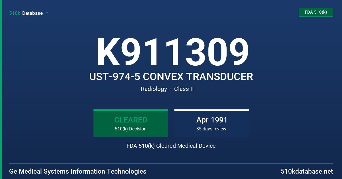 K911309 UST-974-5 CONVEX TRANSDUCER FDA 510(k) Cleared Medical Device