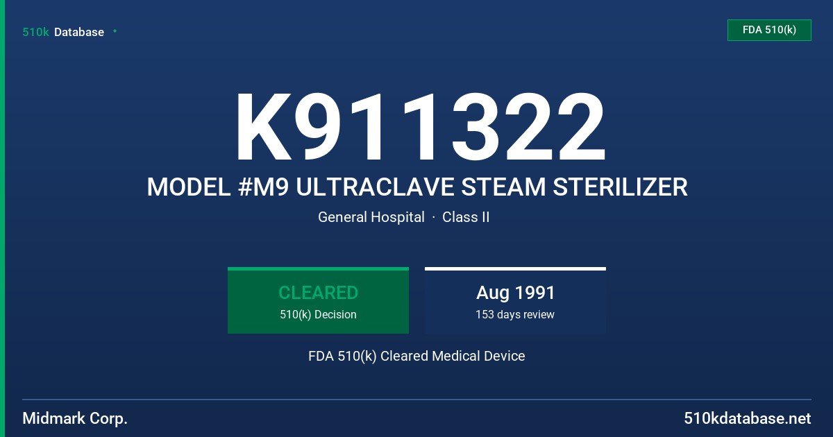 K911322 MODEL #M9 ULTRACLAVE STEAM STERILIZER FDA 510(k) Cleared Medical Device