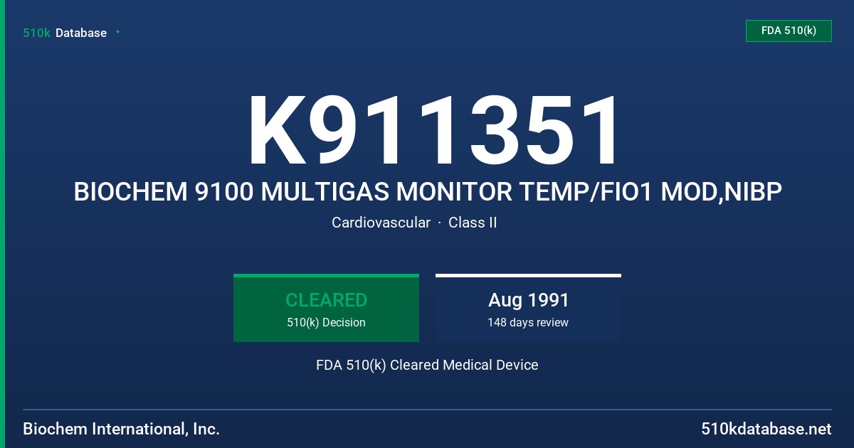 K911351 BIOCHEM 9100 MULTIGAS MONITOR TEMP/FIO1 MOD,NIBP FDA 510(k) Cleared Medical Device