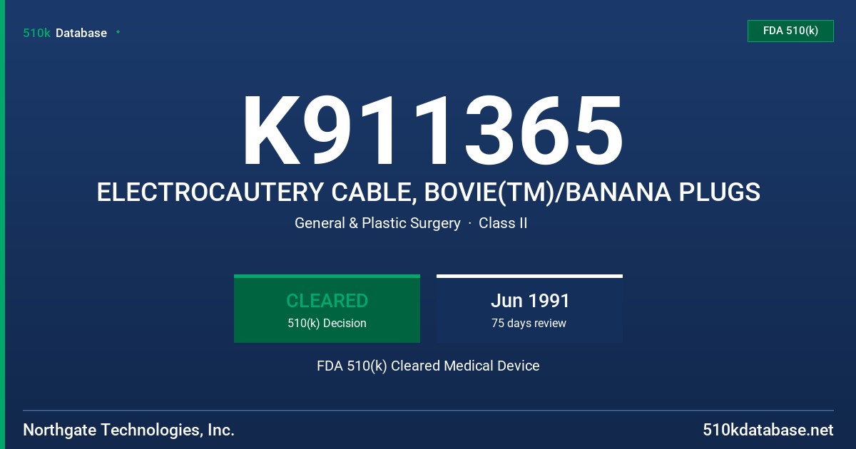 K911365 ELECTROCAUTERY CABLE, BOVIE(TM)/BANANA PLUGS FDA 510(k) Cleared Medical Device
