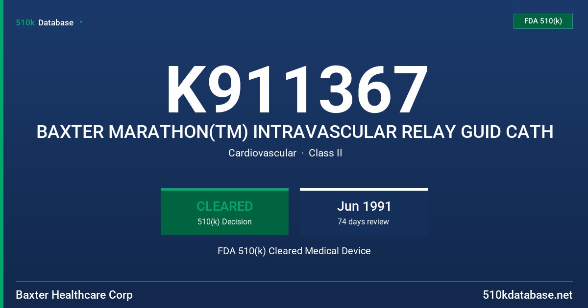 K911367 BAXTER MARATHON(TM) INTRAVASCULAR RELAY GUID CATH FDA 510(k) Cleared Medical Device