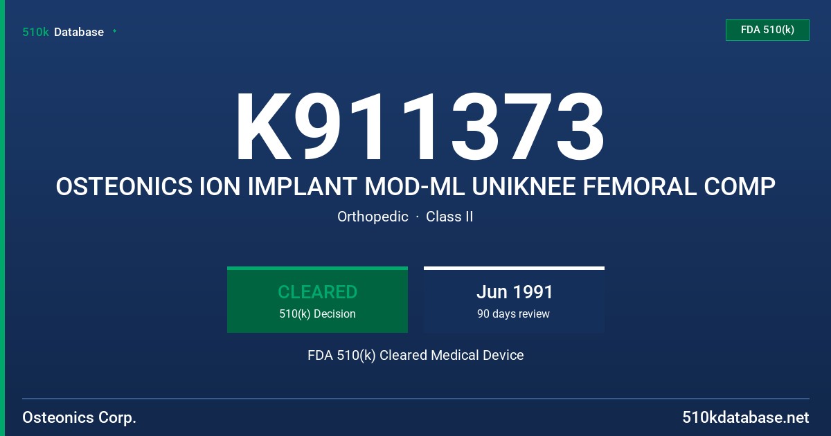 K911373 OSTEONICS ION IMPLANT MOD-ML UNIKNEE FEMORAL COMP FDA 510(k) Cleared Medical Device