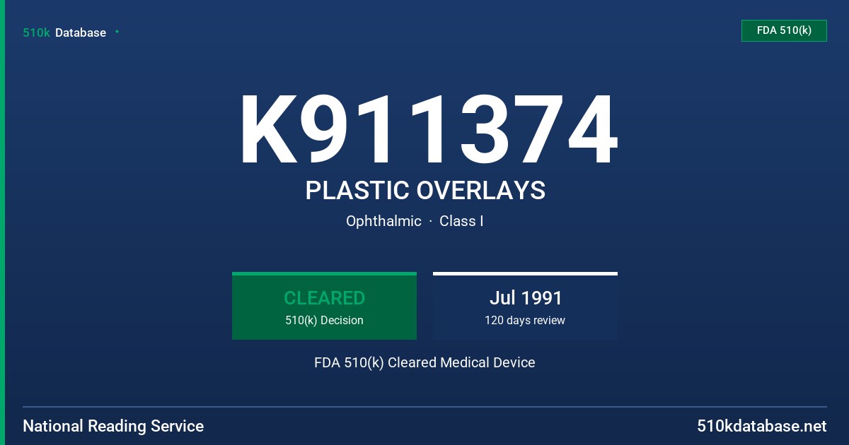 K911374 PLASTIC OVERLAYS FDA 510(k) Cleared Medical Device