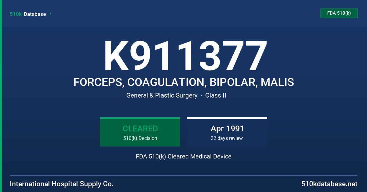K911377 FORCEPS, COAGULATION, BIPOLAR, MALIS FDA 510(k) Cleared Medical Device