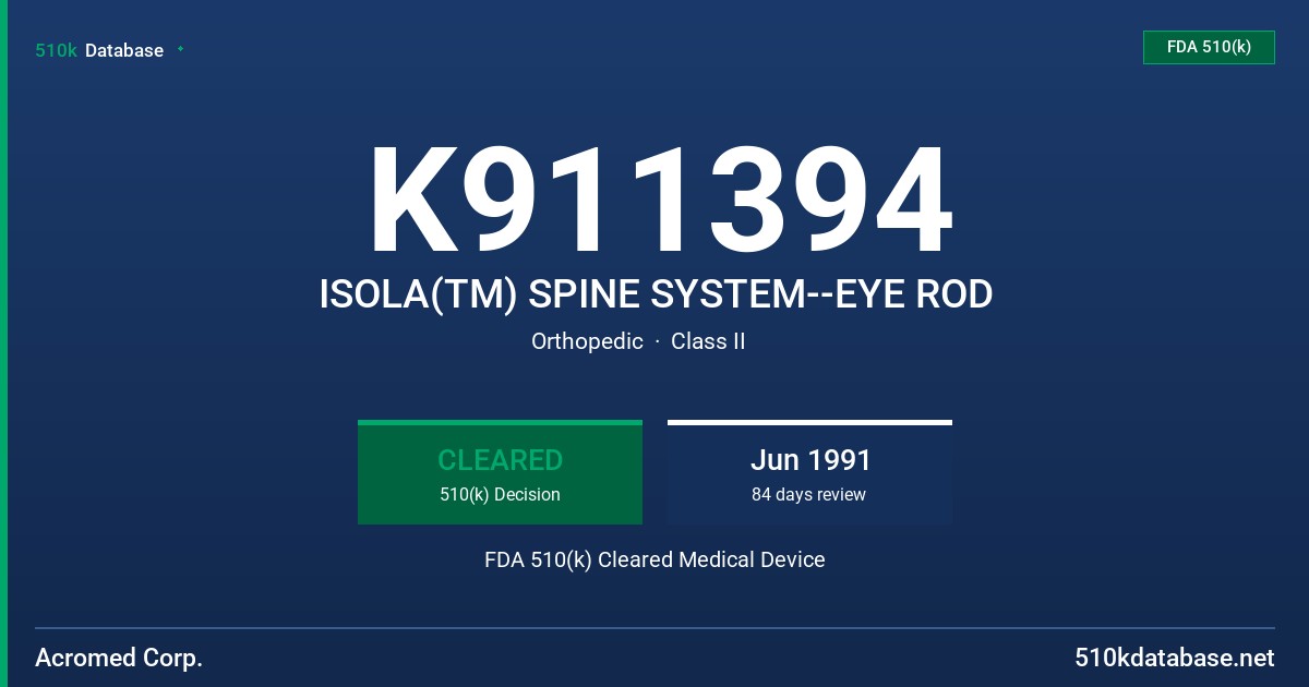 K911394 ISOLA(TM) SPINE SYSTEM--EYE ROD FDA 510(k) Cleared Medical Device