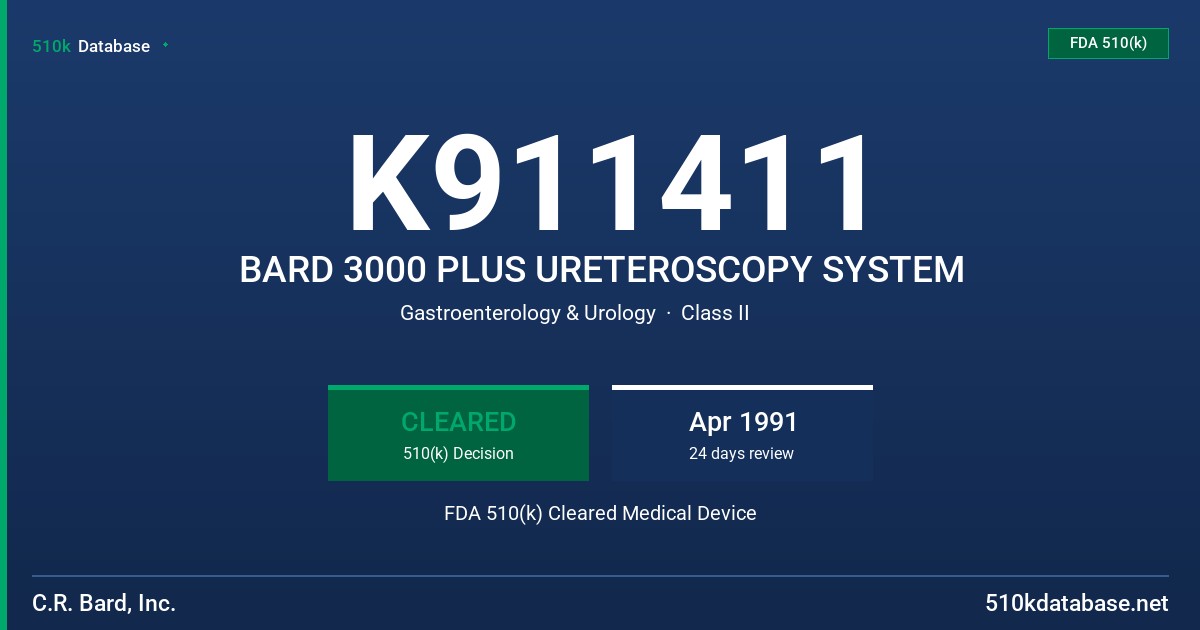 K911411 BARD 3000 PLUS URETEROSCOPY SYSTEM FDA 510(k) Cleared Medical Device