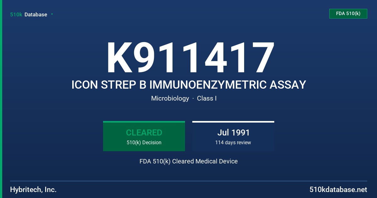 K911417 ICON STREP B IMMUNOENZYMETRIC ASSAY FDA 510(k) Cleared Medical Device