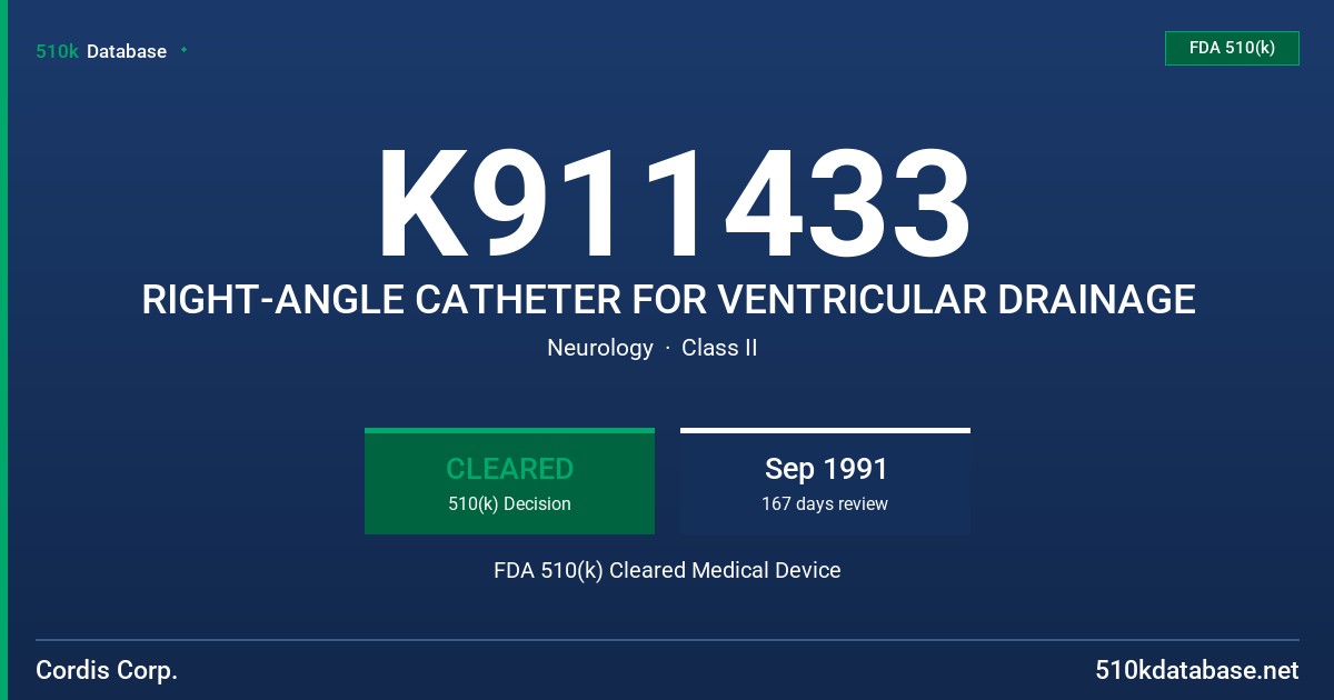 K911433 RIGHT-ANGLE CATHETER FOR VENTRICULAR DRAINAGE FDA 510(k) Cleared Medical Device