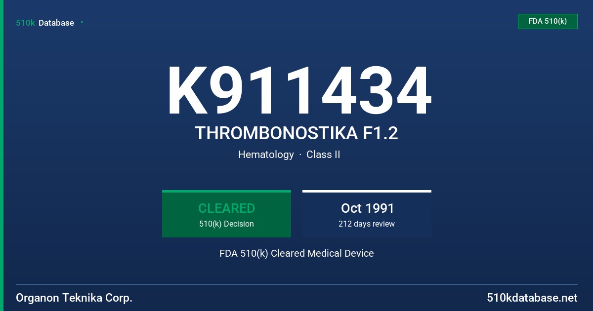 K911434 THROMBONOSTIKA F1.2 FDA 510(k) Cleared Medical Device
