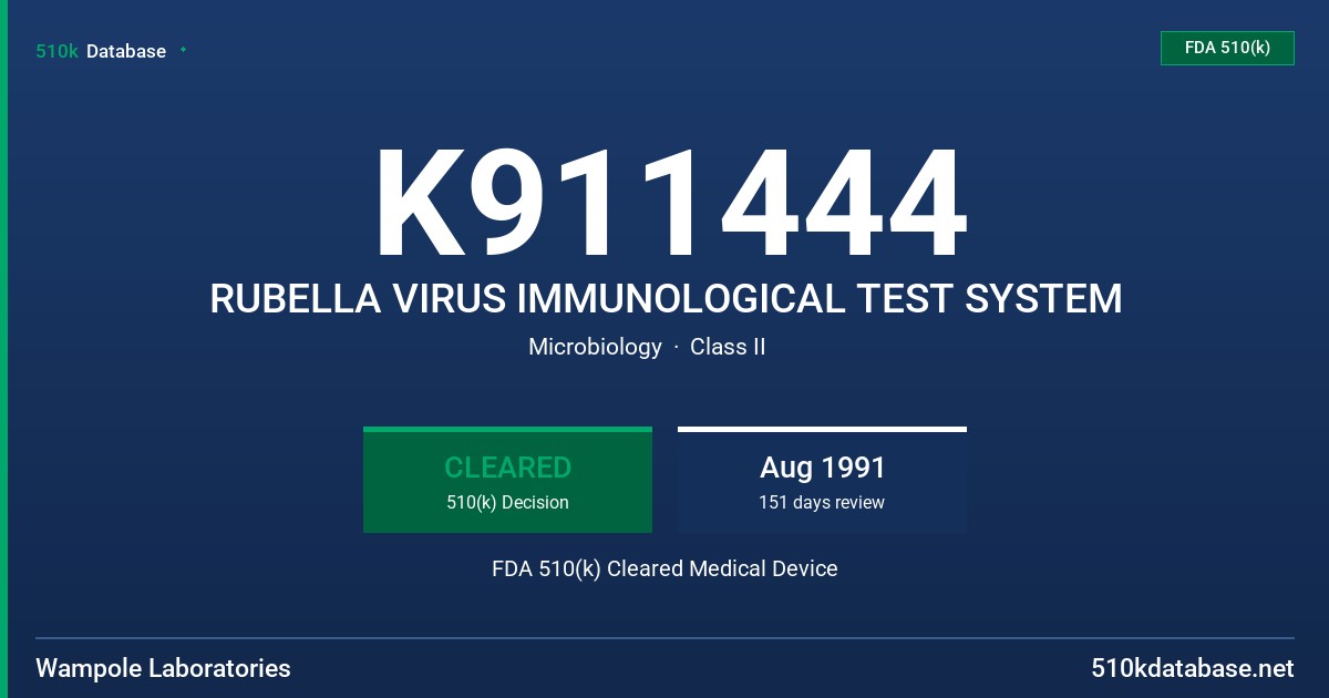 K911444 RUBELLA VIRUS IMMUNOLOGICAL TEST SYSTEM FDA 510(k) Cleared Medical Device