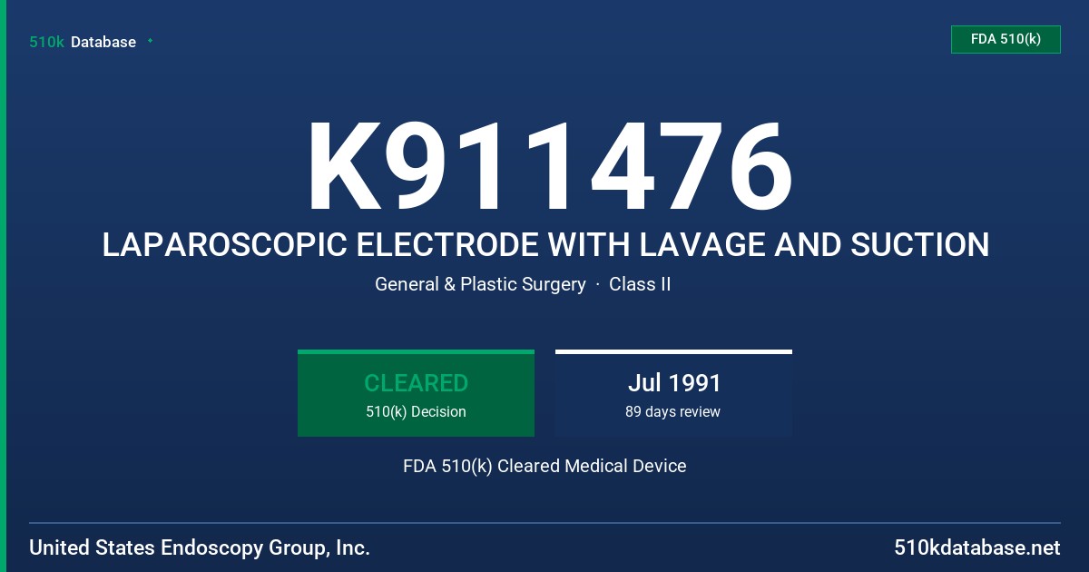 K911476 LAPAROSCOPIC ELECTRODE WITH LAVAGE AND SUCTION FDA 510(k) Cleared Medical Device