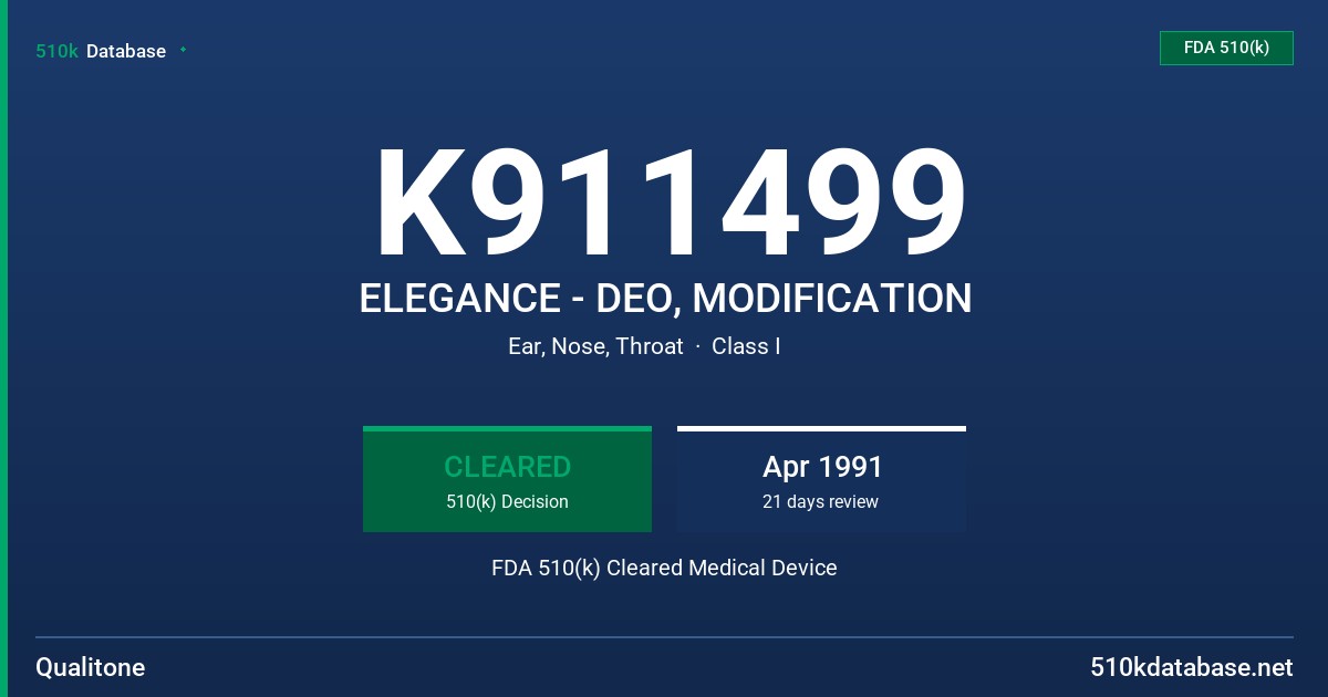 K911499 ELEGANCE - DEO, MODIFICATION FDA 510(k) Cleared Medical Device