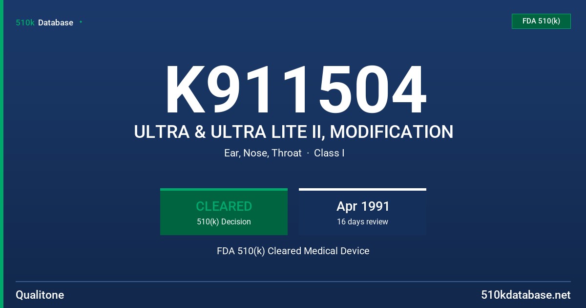 K911504 ULTRA & ULTRA LITE II, MODIFICATION FDA 510(k) Cleared Medical Device