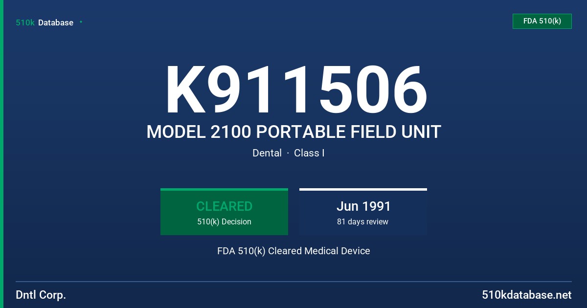 K911506 MODEL 2100 PORTABLE FIELD UNIT FDA 510(k) Cleared Medical Device