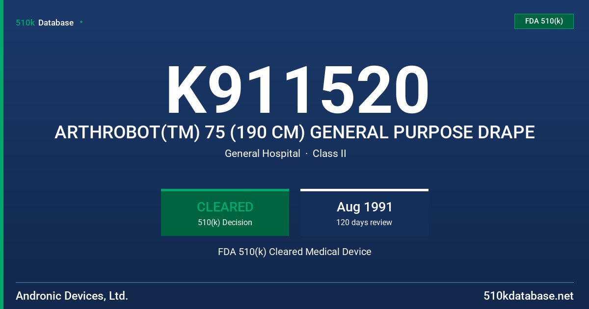 K911520 ARTHROBOT(TM) 75 (190 CM) GENERAL PURPOSE DRAPE FDA 510(k) Cleared Medical Device